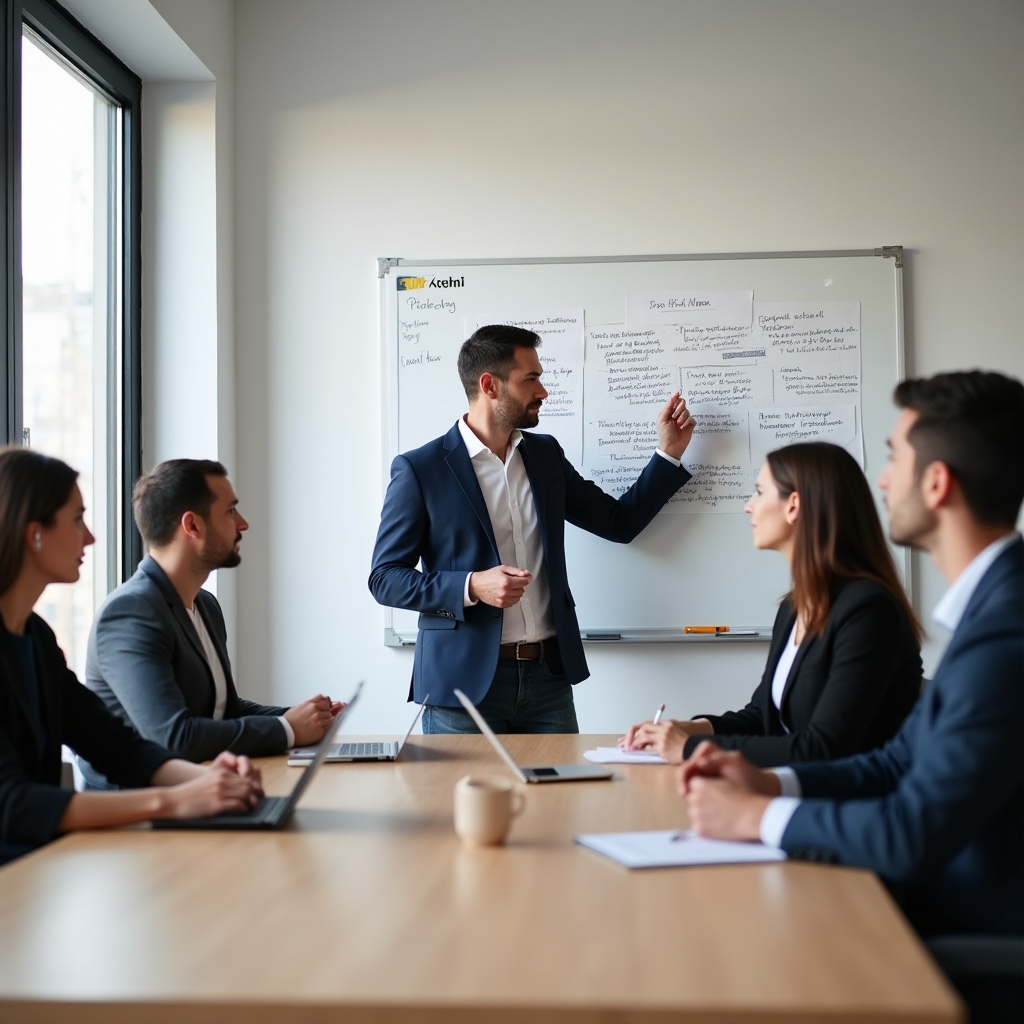 Руководитель среднего звена проводит планёрку с командой